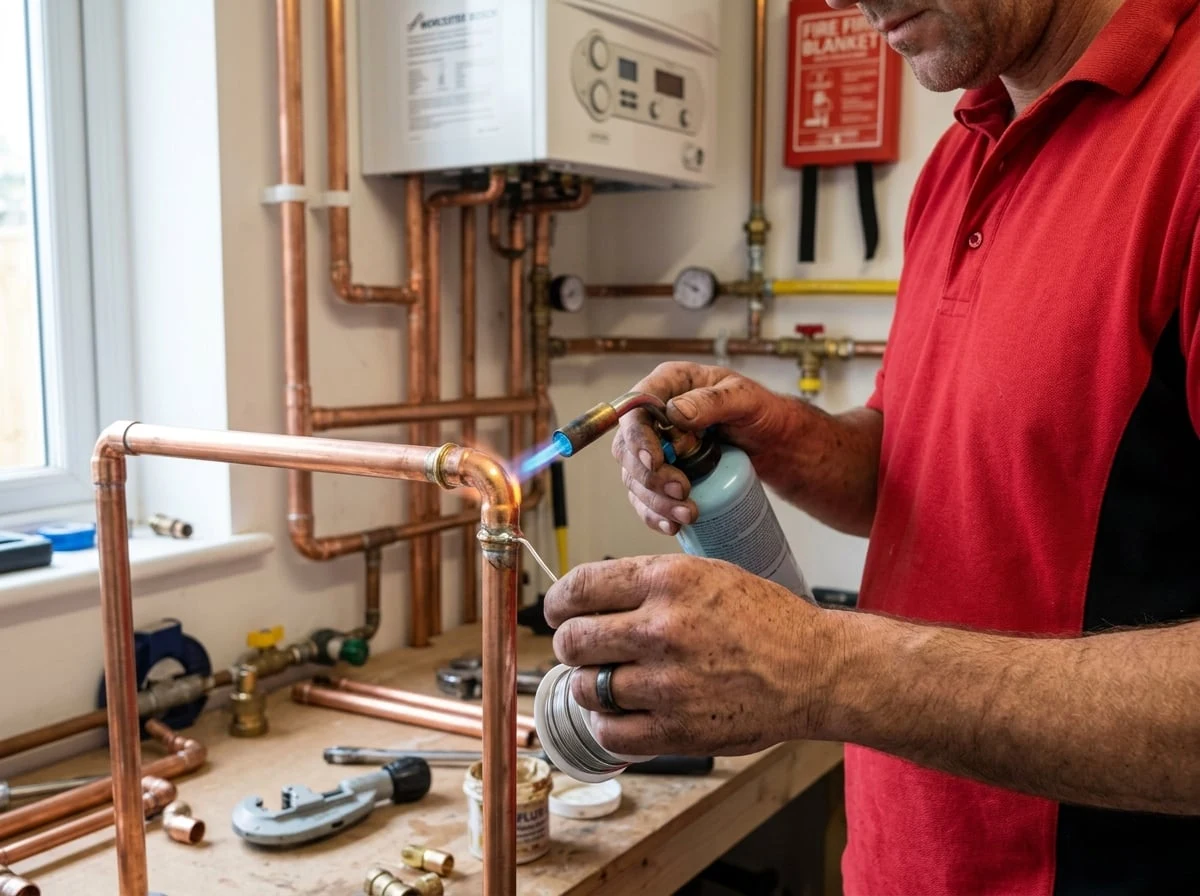 Greenwich Plumbers engineer soldering copper pipe fittings for a new boiler installation in Greenwich