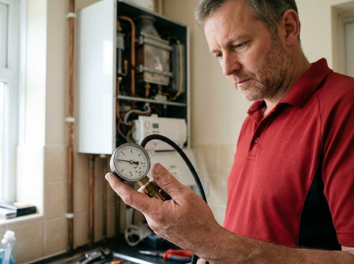 Greenwich Plumbers engineer checking boiler pressure with a gauge during a boiler repair in Greenwich