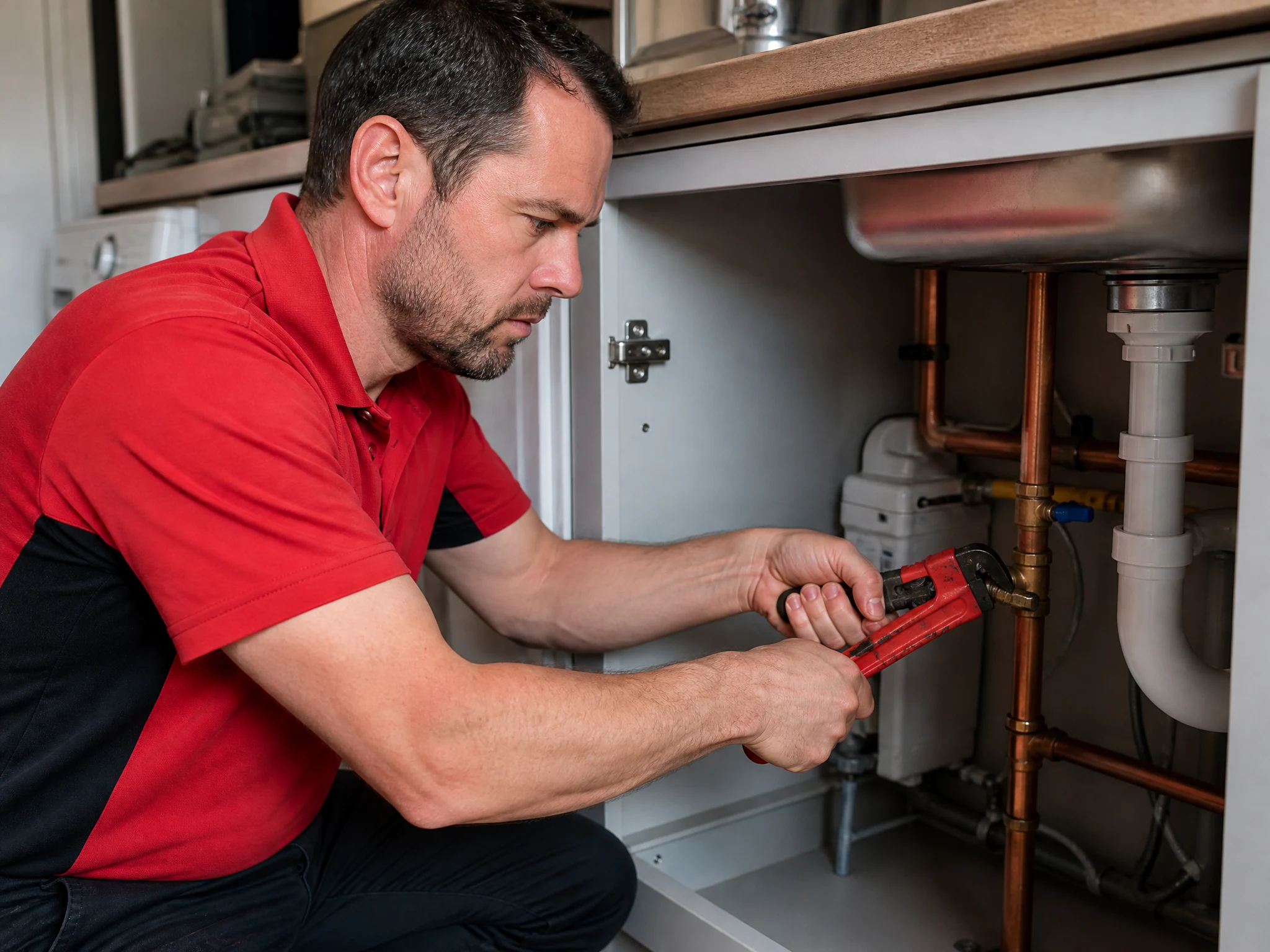 Greenwich Plumbers engineer tightening a stopcock under a sink during an emergency plumbing repair in Greenwich